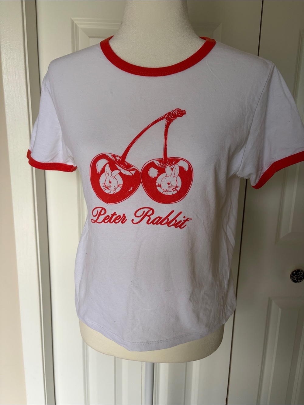 Peter Rabbit White Tee with Red Ringer Trim and Cherry Graphic